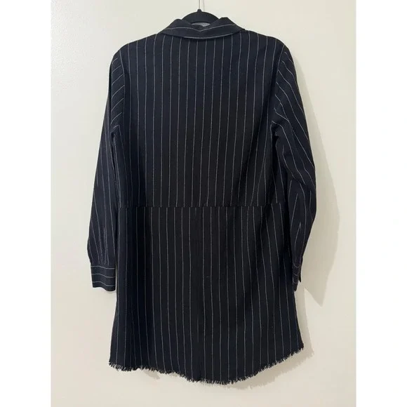 Umgee USA Black Pinstripe Cotton Shirt Dress Raw Frayed Hem Small A4505 - Picture 5 of 7